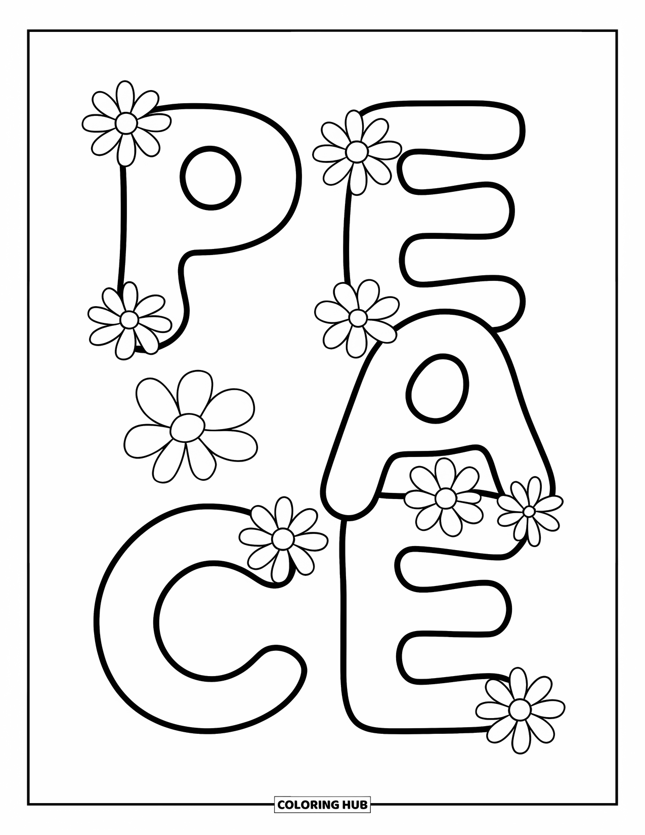 Peace Coloring Page for Kids: Playful wavy Peace word with flowers between letters