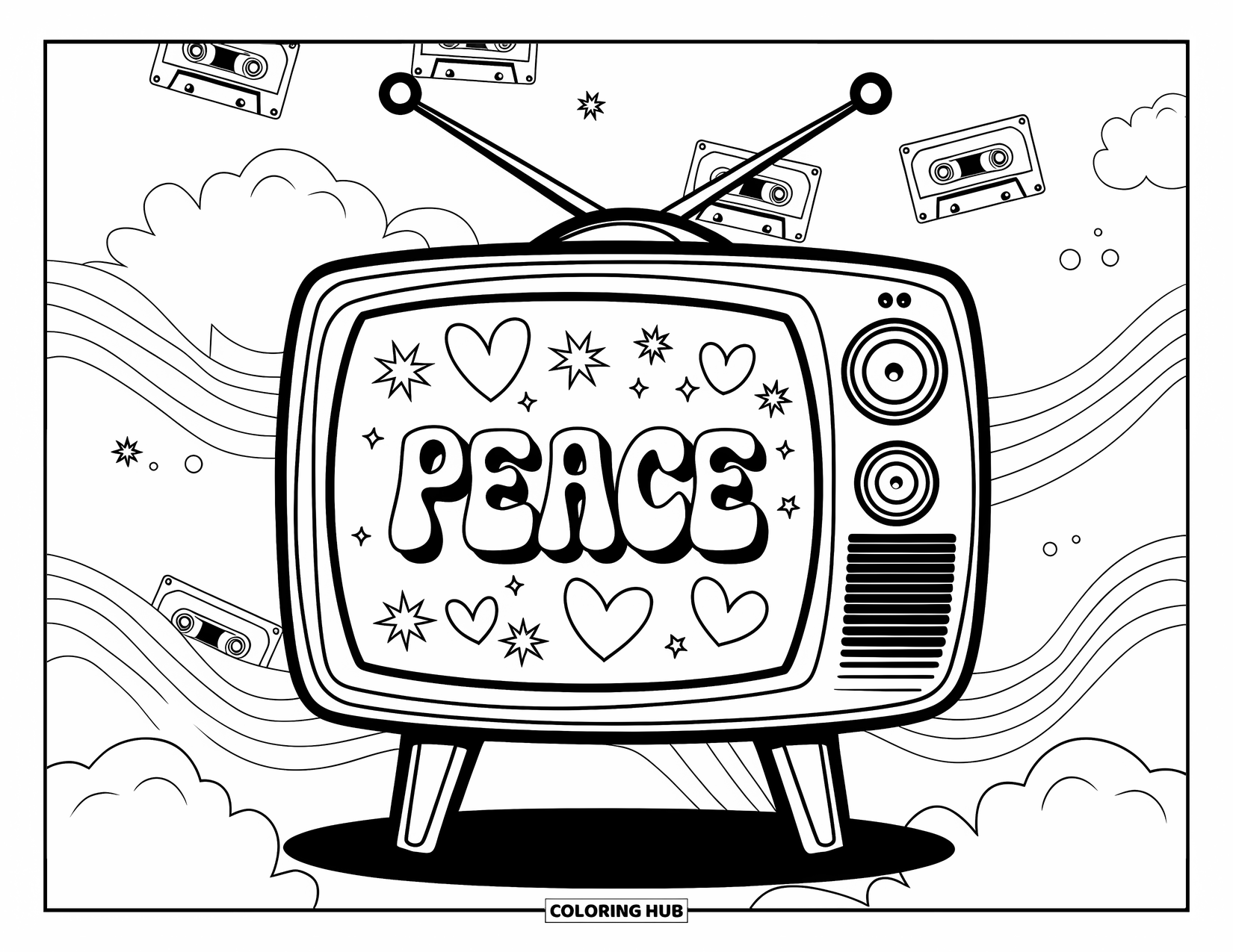 Peace Coloring Page for Kids: Retro TV with "Peace" lettering and cassette tape doodles