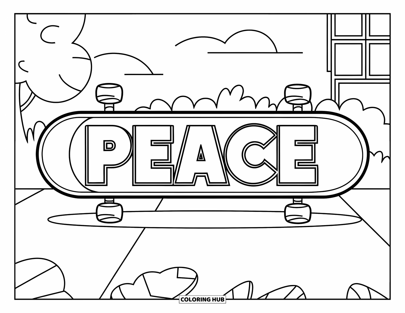 Peace Coloring Page for Kids: Skateboard with "Peace" and simple outdoor background