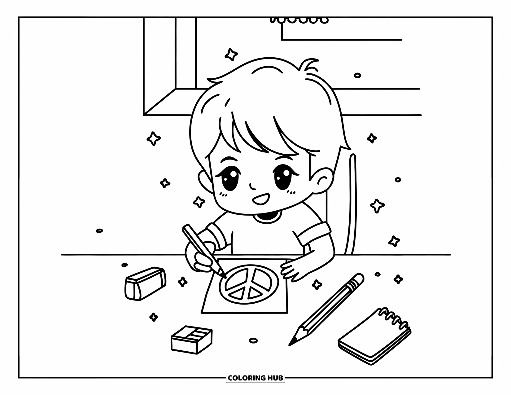 Peace Sign Coloring Page for Adults: A chibi boy draws a peace sign at his desk, surrounded by cute stationery
