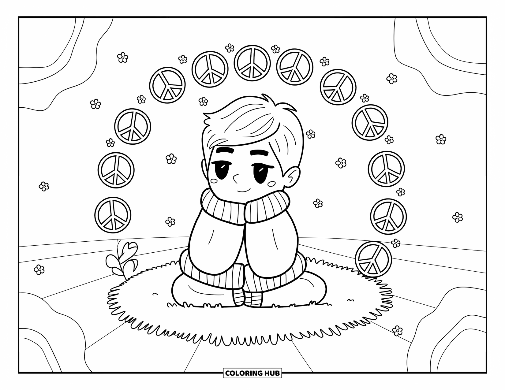 Peace Sign Coloring Page for Adults: A chibi teen sits cross-legged on a rug, surrounded by peace signs and doodle flowers