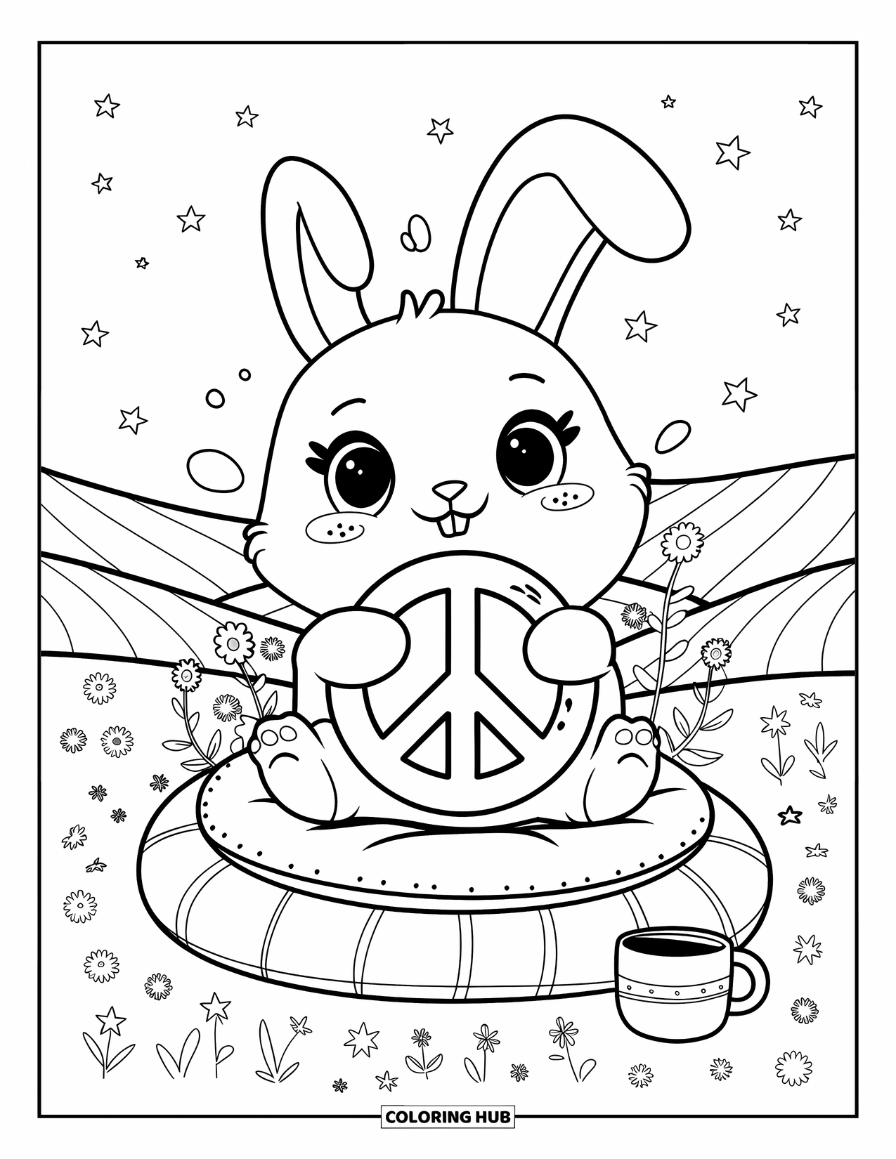 Peace Sign Coloring Page for Adults: A chubby bunny with big eyes hugs a peace sign under stars in a peaceful landscape