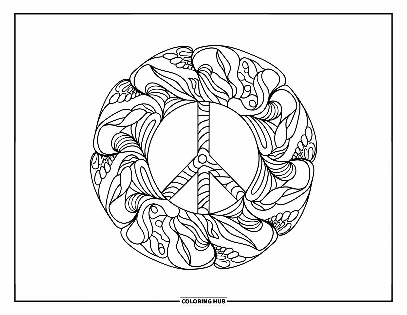 Peace Sign Coloring Page for Adults: A circular zentangle design with a peace sign surrounded by soothing, detailed patterns
