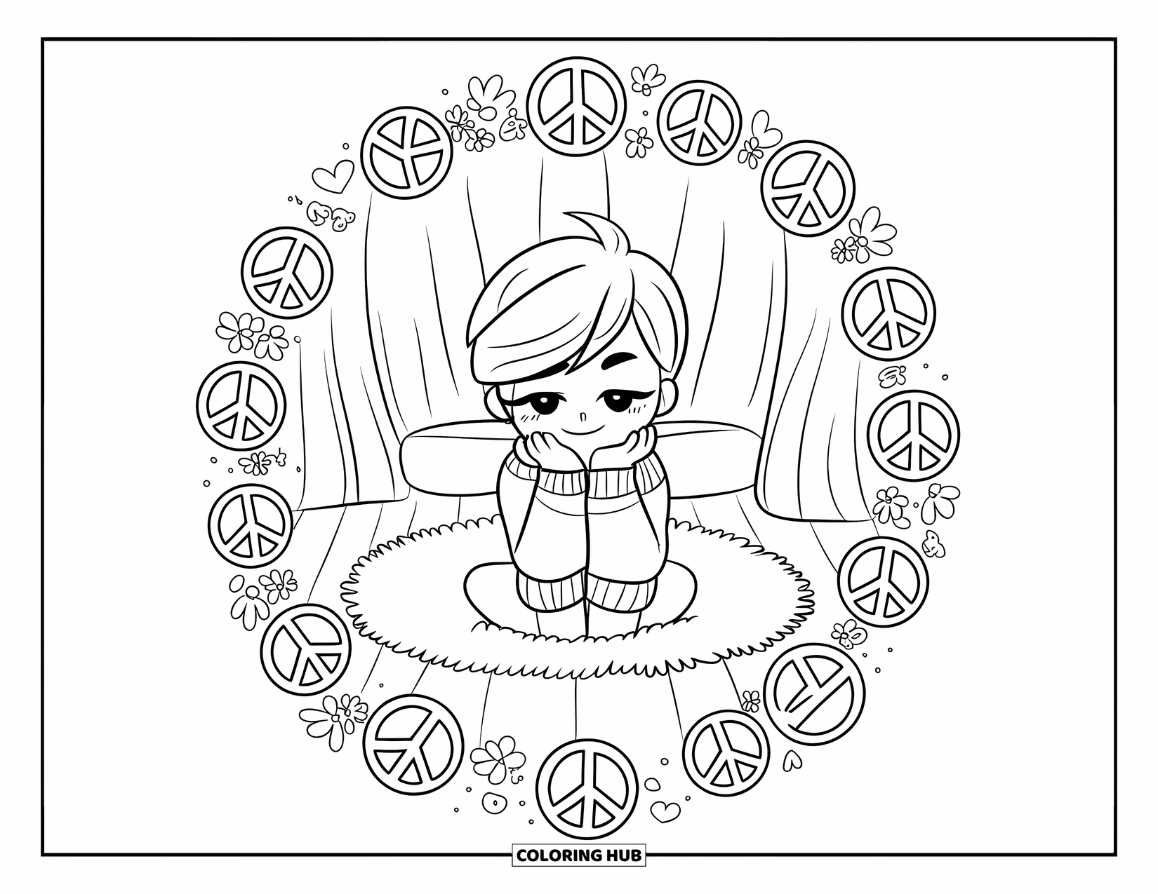 Peace Sign Coloring Page for Adults: A cozy chibi teen rests on a rug inside a circle of peace signs and flowers