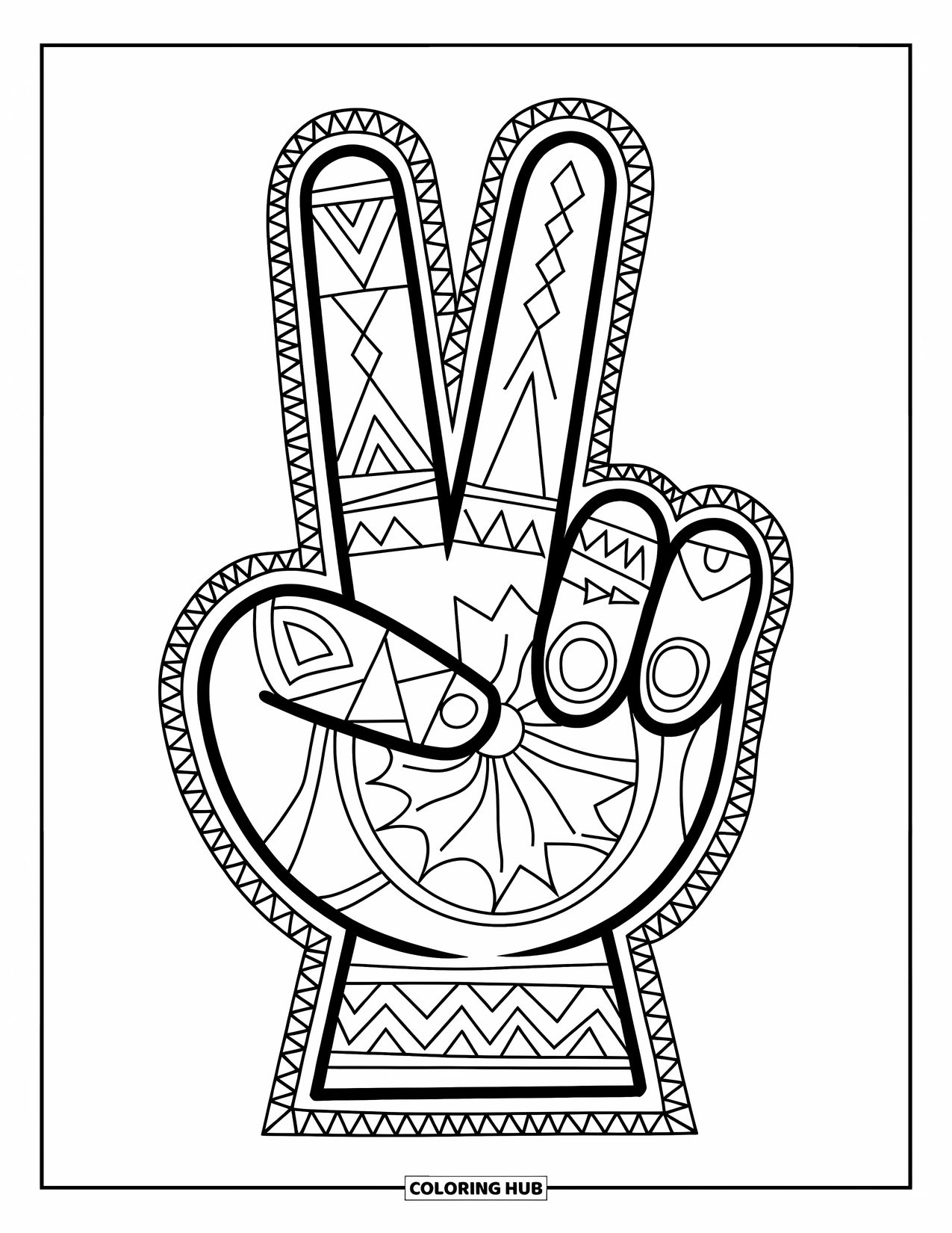 Peace Sign Coloring Page for Adults: A detailed peace hand with tribal designs and a patterned background