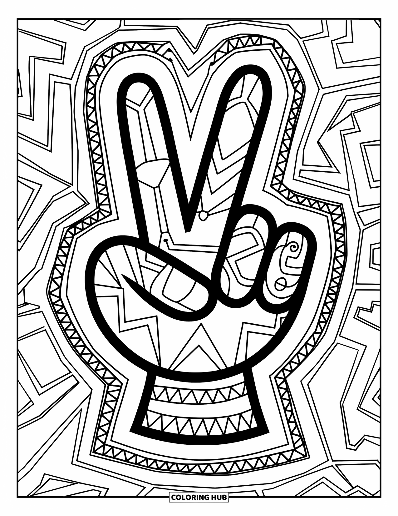Peace Sign Coloring Page for Adults: A peace hand with intricate tribal details and a textured pattern behind it