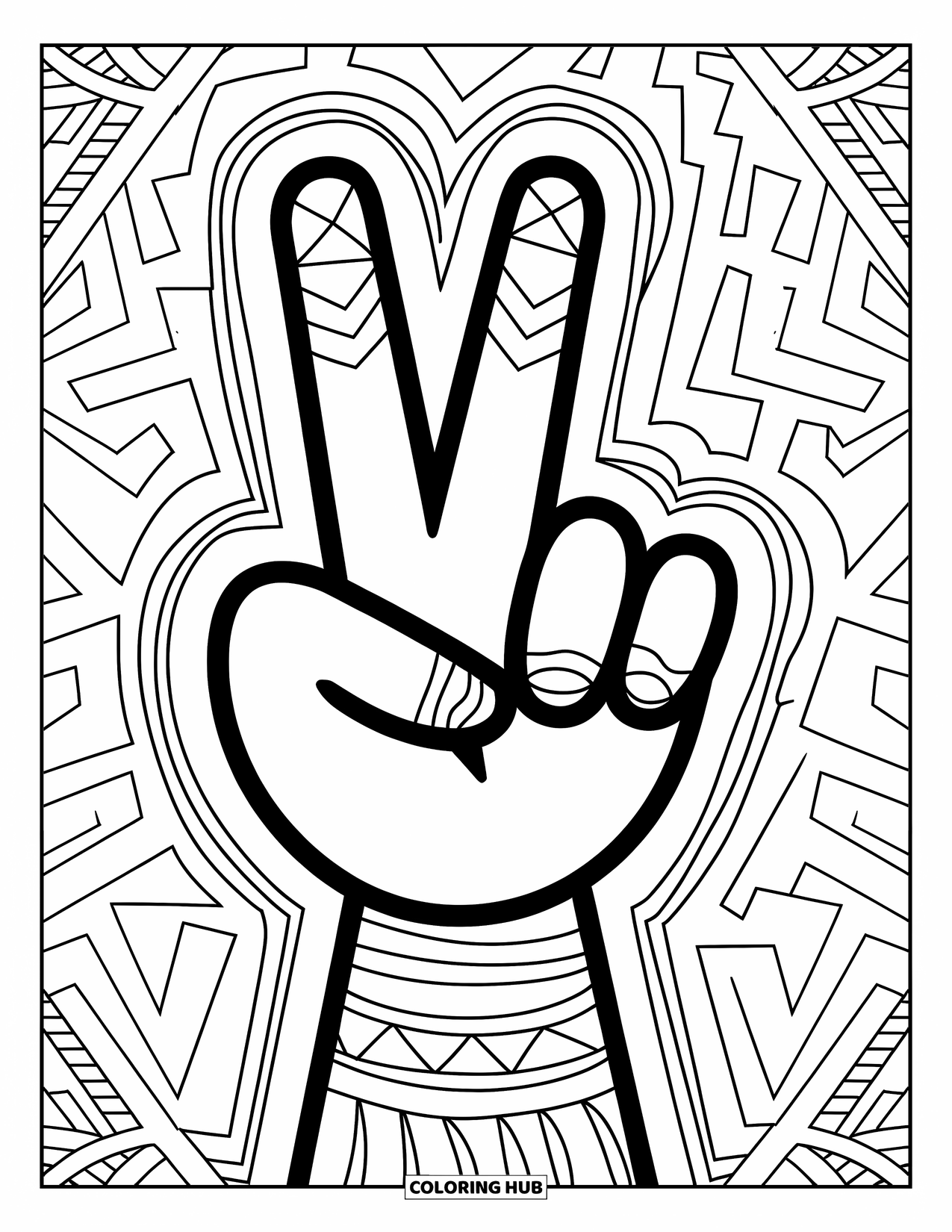 Peace Sign Coloring Page for Adults: A peace hand with tribal lines and a background of swirling intertwined patterns