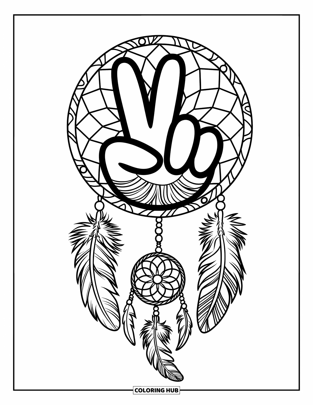 Peace Sign Coloring Page for Adults: A peace hand wrapped in dreamcatcher feathers and beads with intricate patterns