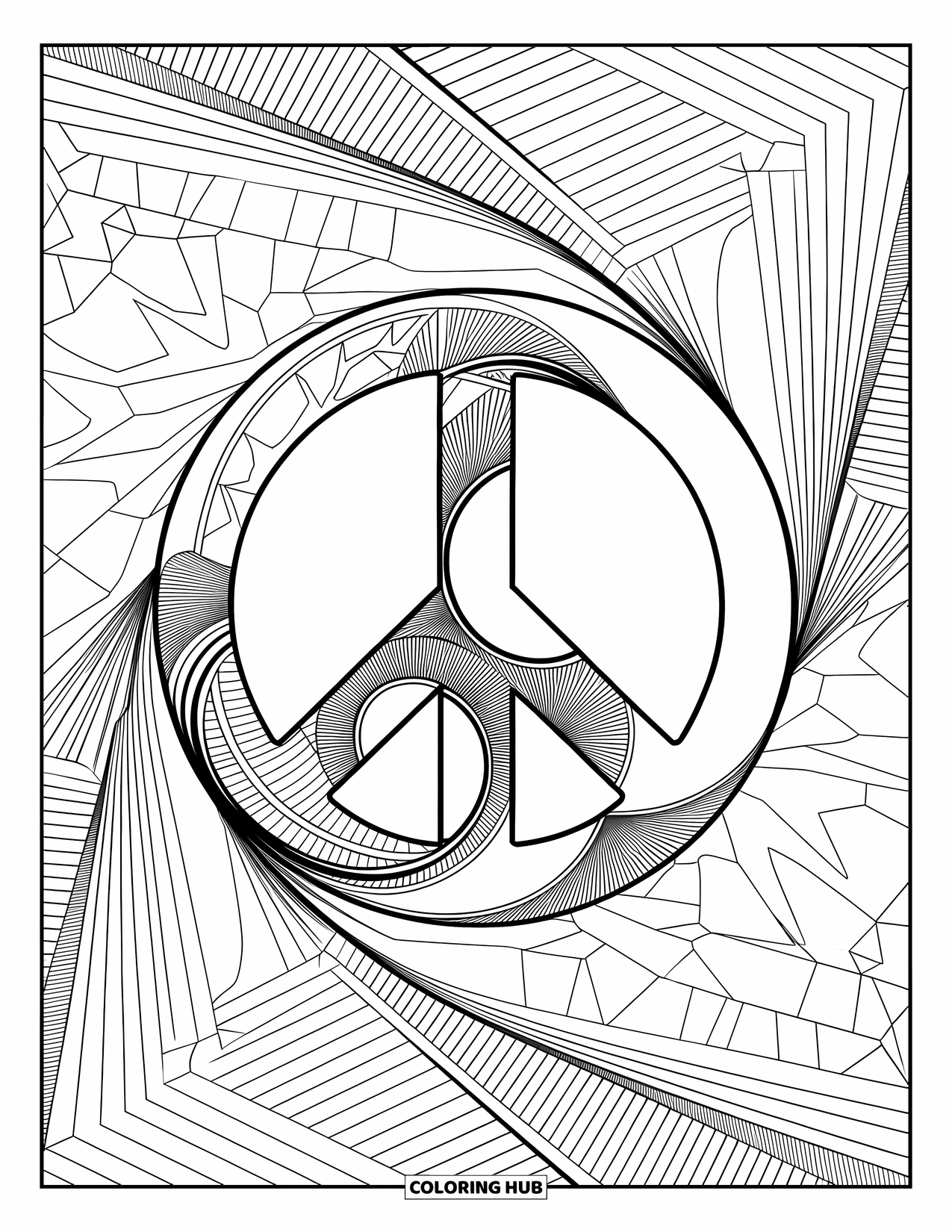 Peace Sign Coloring Page for Adults: A peace sign blended into a swirl of intricate geometric patterns and fine lines