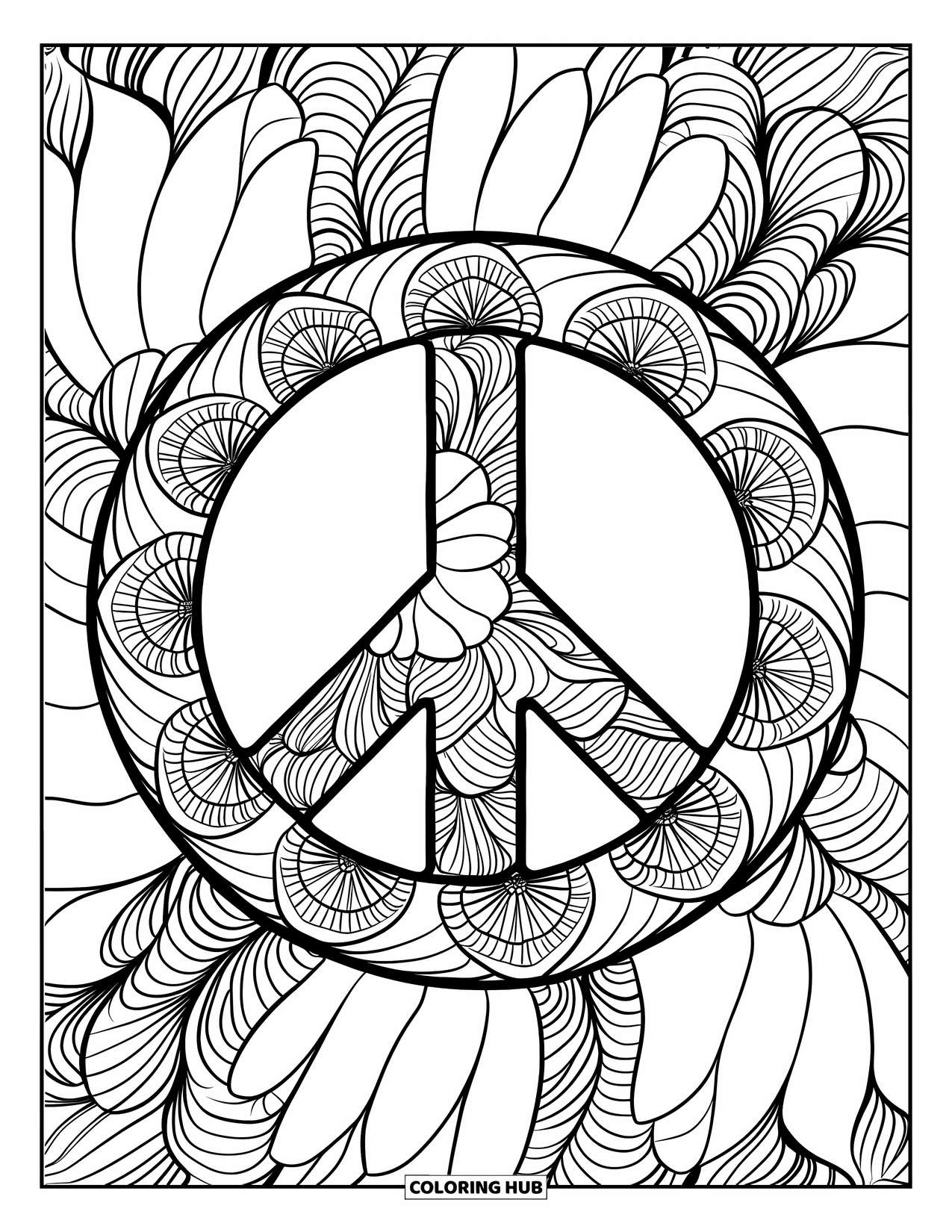 Peace Sign Coloring Page for Adults: A peace sign filled with swirling mandala petals and fine little lines