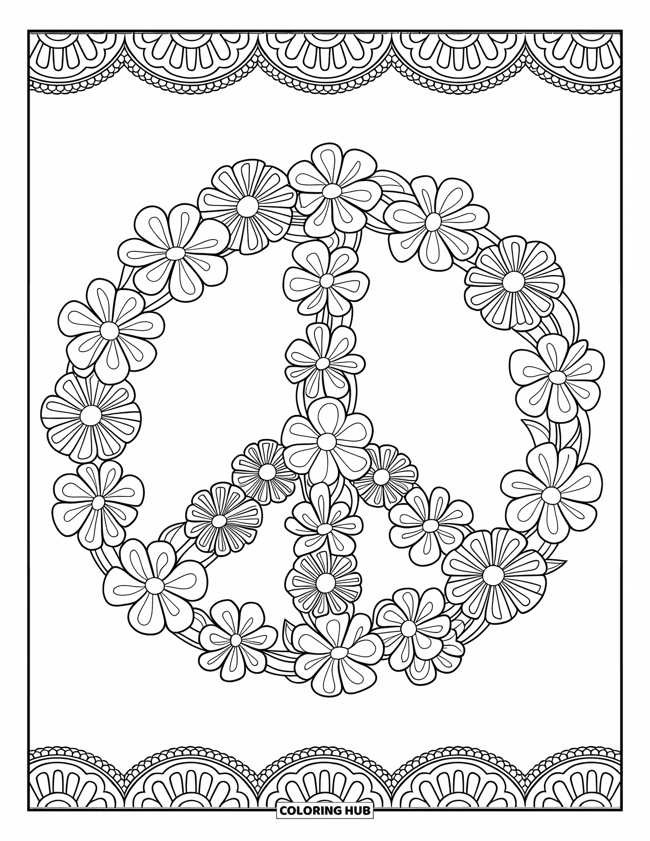 Peace Sign Coloring Page for Adults: A peace sign made entirely of blooming flowers with patterned petals and flowing stems