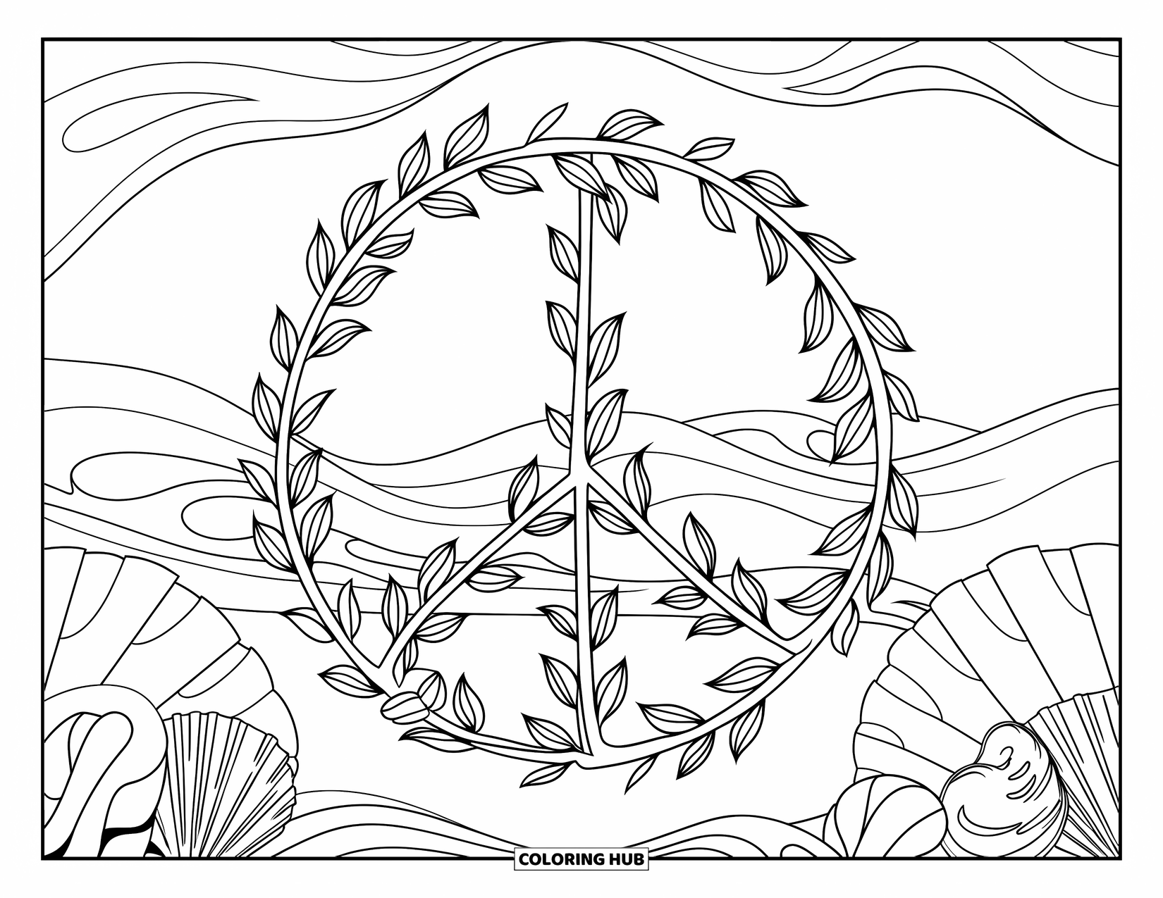 Peace Sign Coloring Page for Adults: A peace sign made of branches framed by ocean waves, seashells, and gentle patterns
