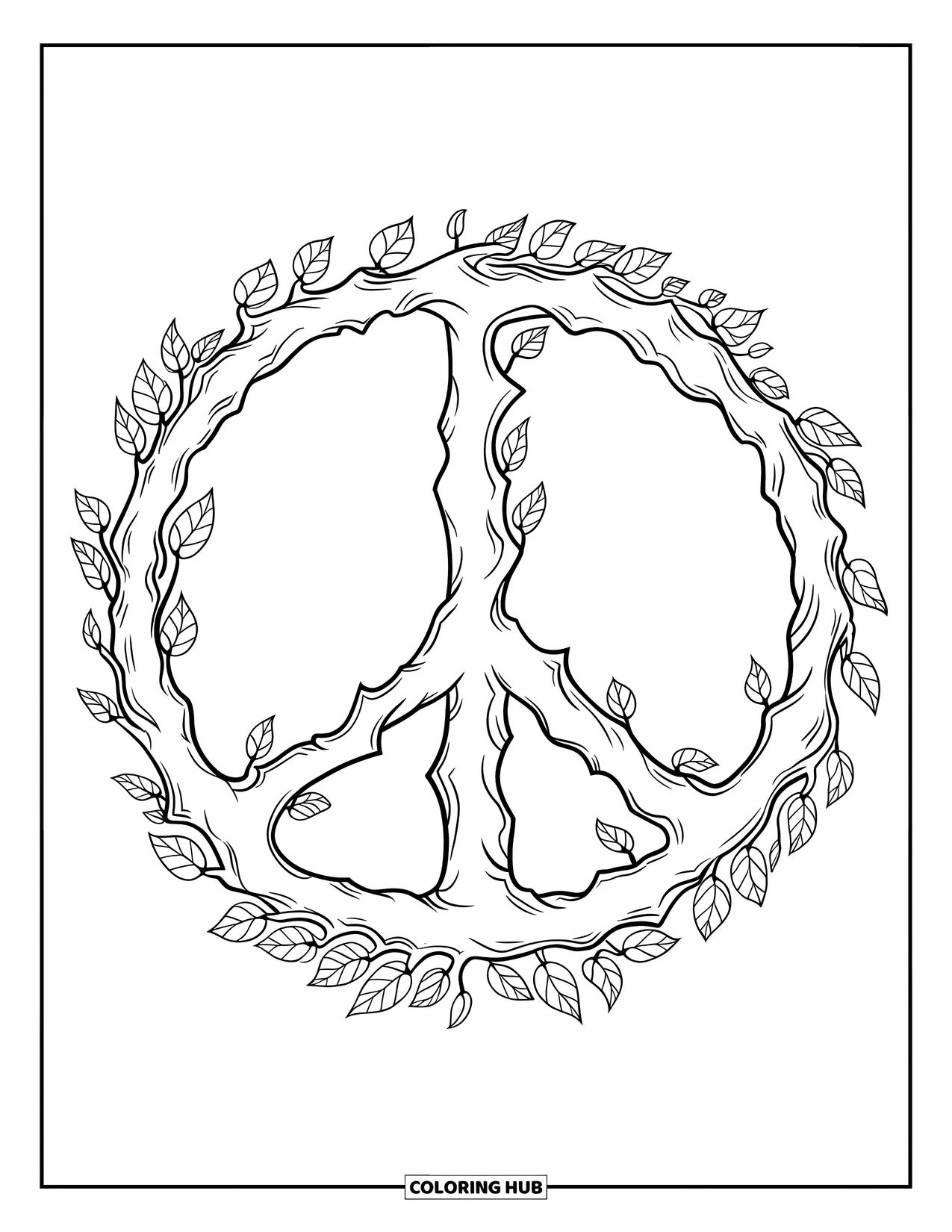 Peace Sign Coloring Page for Adults: A peace sign shaped from tree branches with flowing leaves and roots