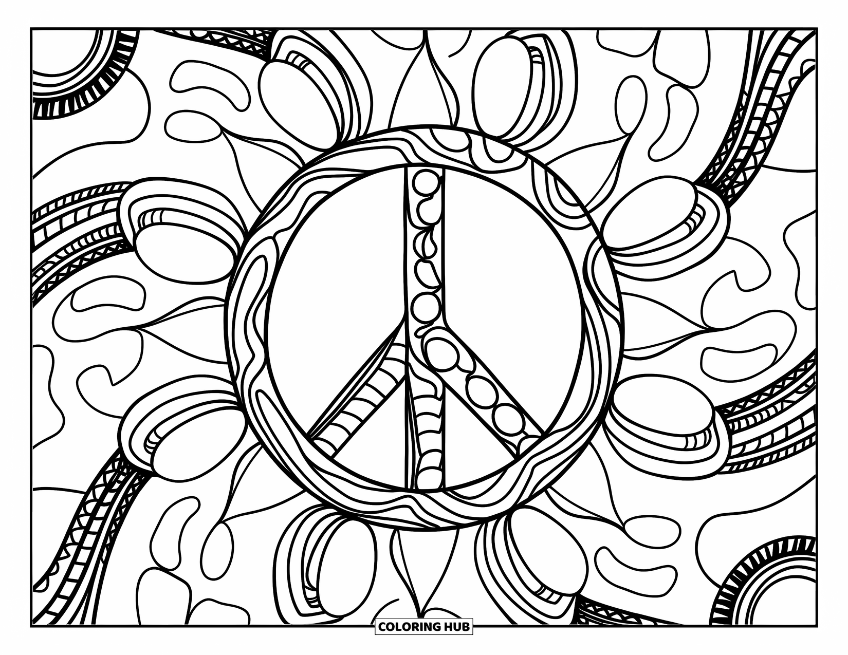 Peace Sign Coloring Page for Adults: A peace sign sits at the center of a calming, intricate zentangle pattern