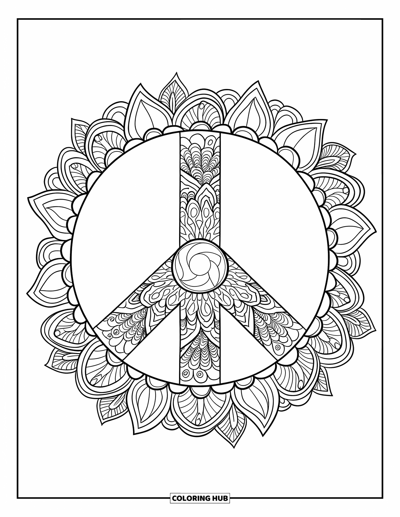 Peace Sign Coloring Page for Adults: A peace sign split in two, filled with soft mandala shapes