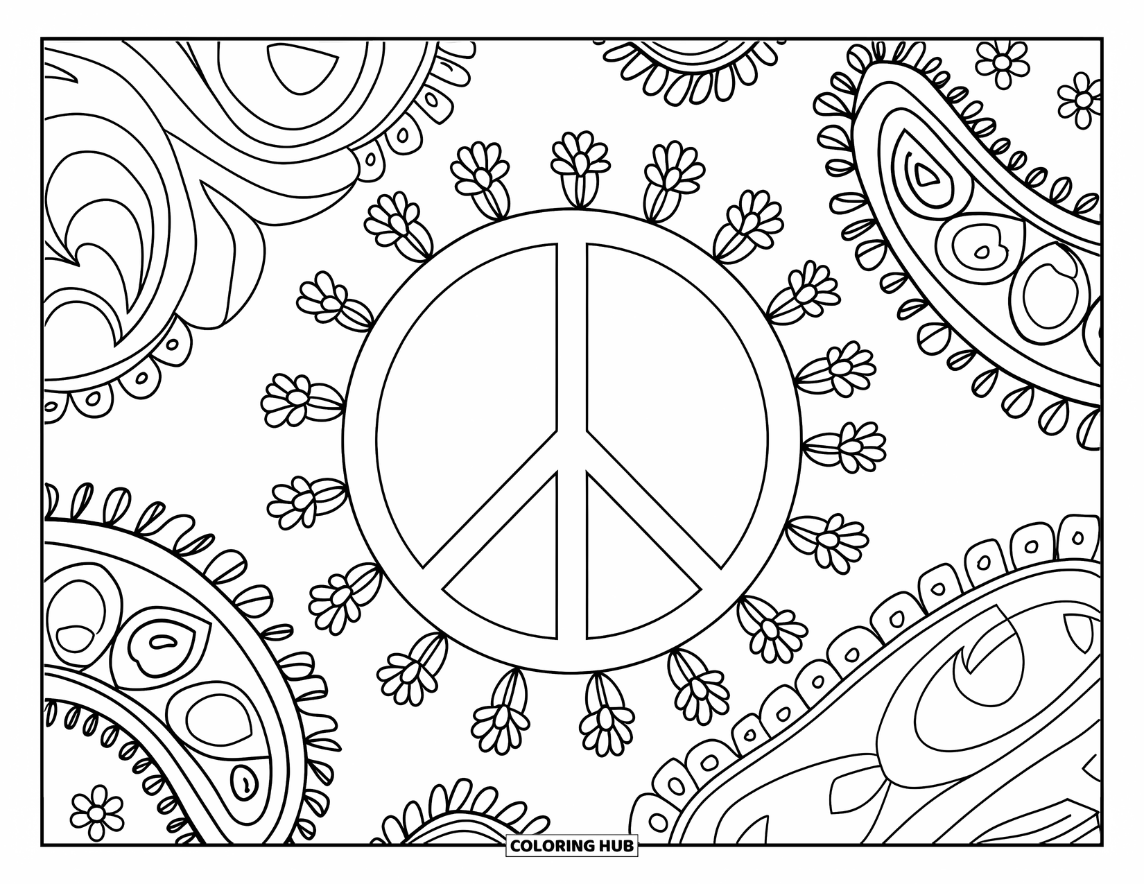 Peace Sign Coloring Page for Adults: A peace symbol surrounded by paisley shapes and curling floral vines