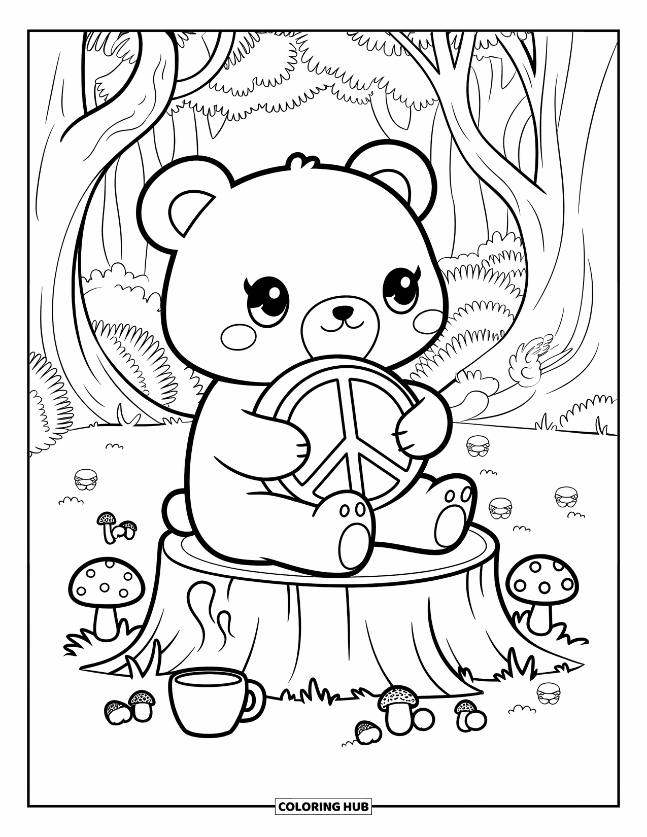 Peace Sign Coloring Page for Adults: A peaceful bear on a forest stump hugs a peace pillow beside tea and acorns