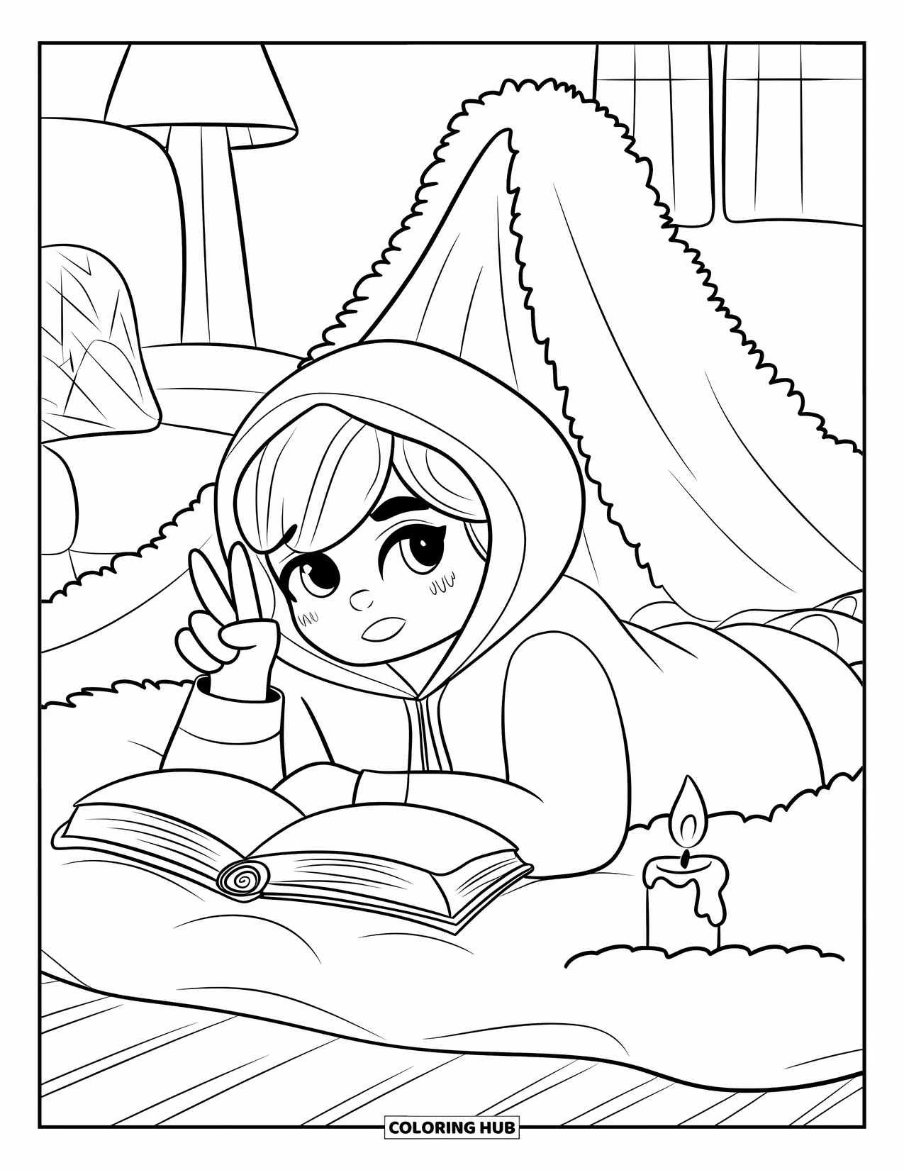 Peace Sign Coloring Page for Adults: A peaceful chibi teen lounges in a hoodie with a book, pillow, and tiny candle