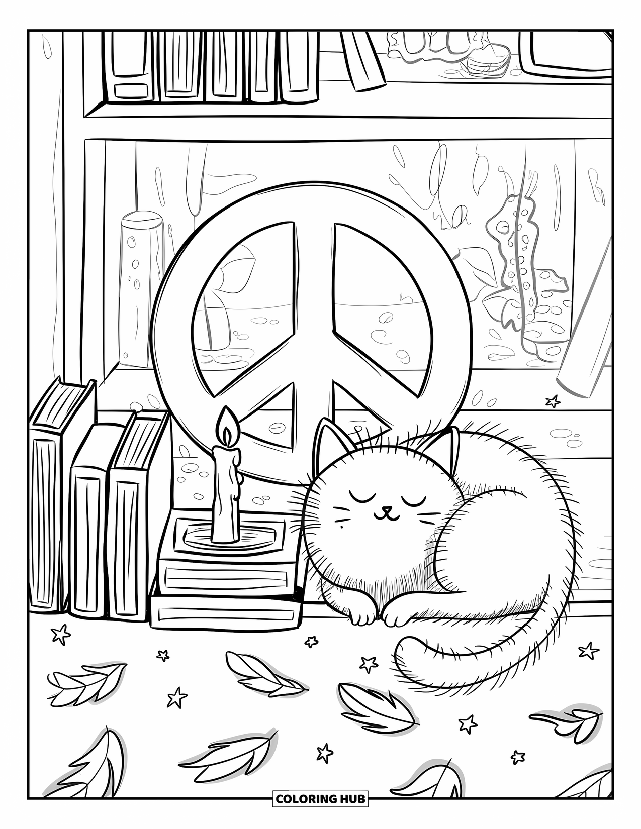 Peace Sign Coloring Page for Adults: A peaceful shelf scene with books, stars, a cat, and a glowing peace sign