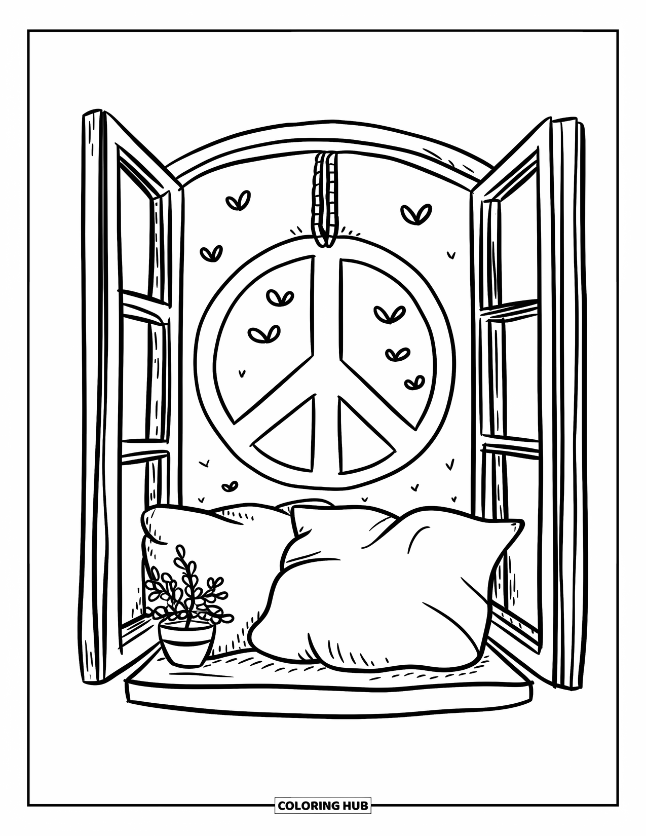 Peace Sign Coloring Page for Adults: A peaceful window nook with a pillow pile and a peace sign hanging above