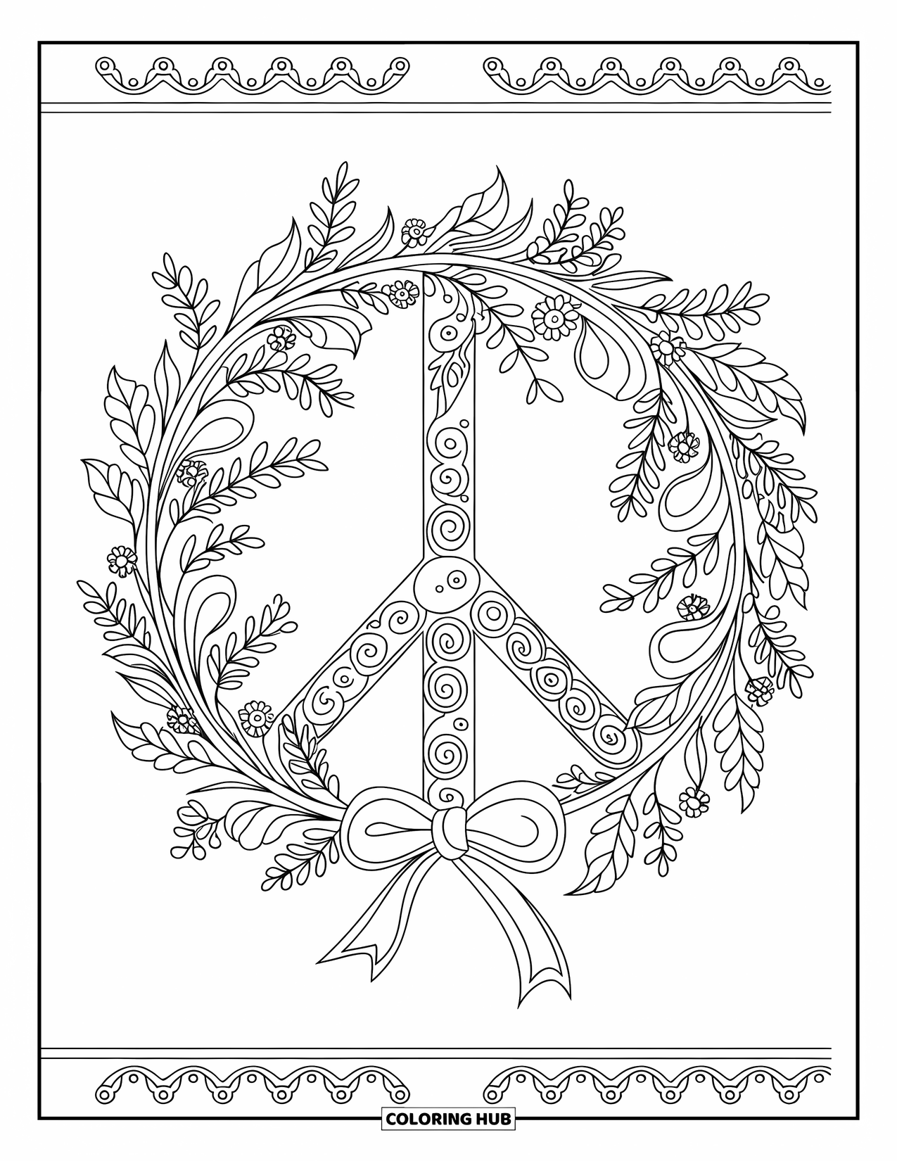 Peace Sign Coloring Page for Adults: A ribbon-tied wreath full of leaves and swirls frames a peace sign