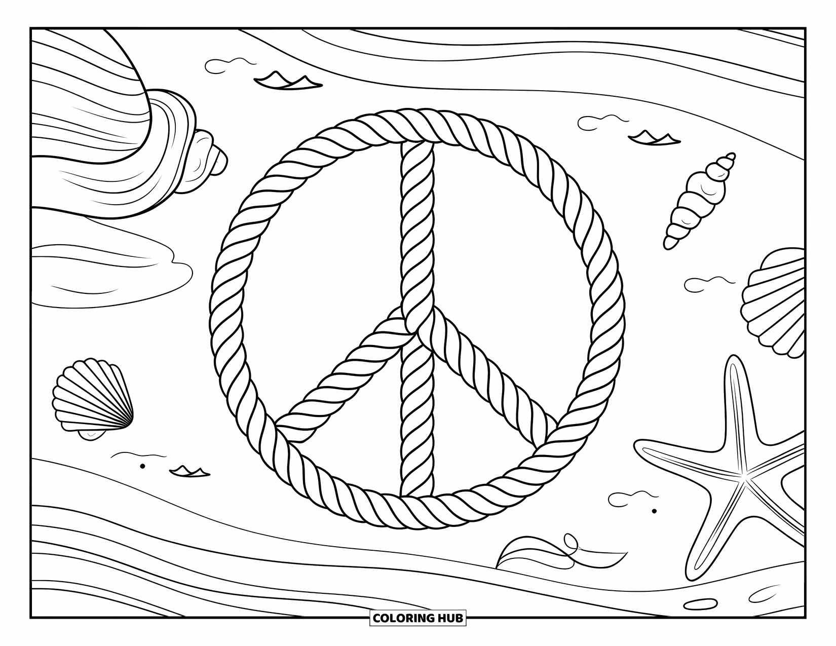 Peace Sign Coloring Page for Adults: A rope-style peace sign surrounded by seashells, waves, and ocean-inspired designs