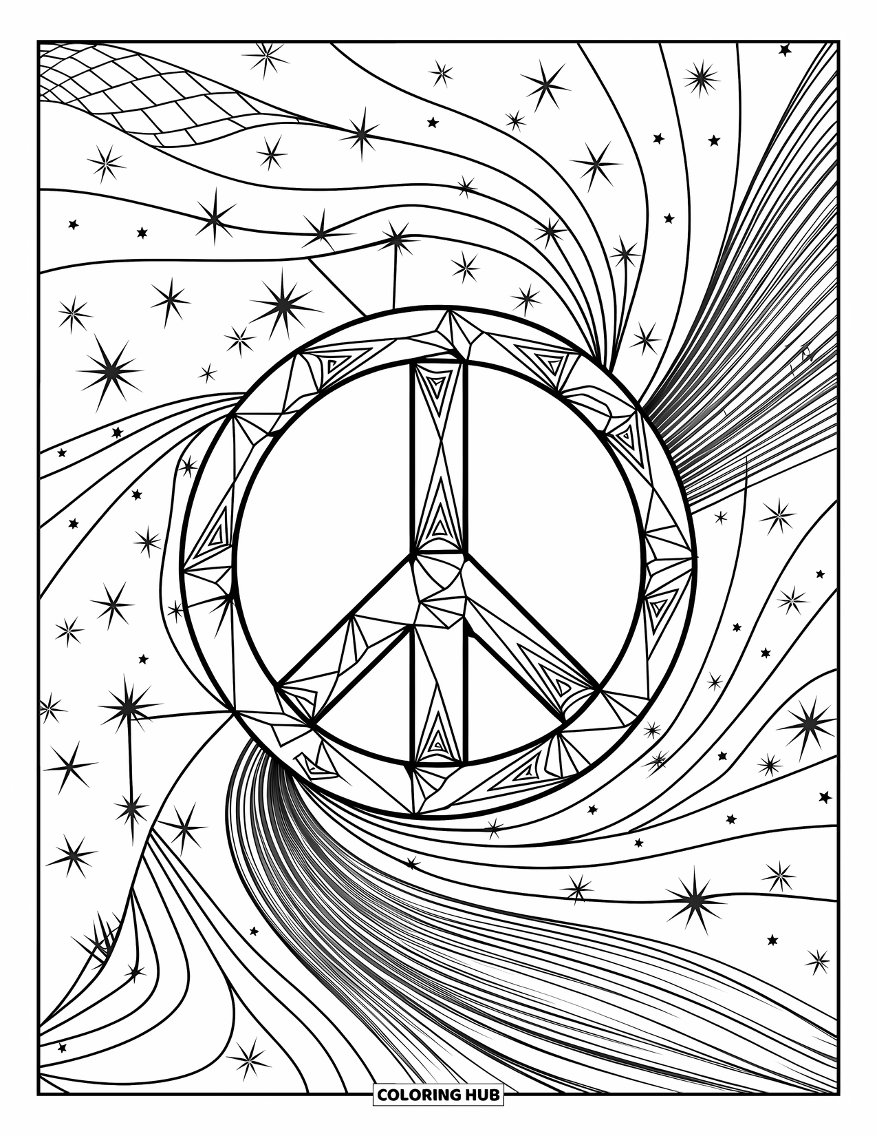 Peace Sign Coloring Page for Adults: A triangle peace sign inside a circle, surrounded by stars, spirals, and fine lines