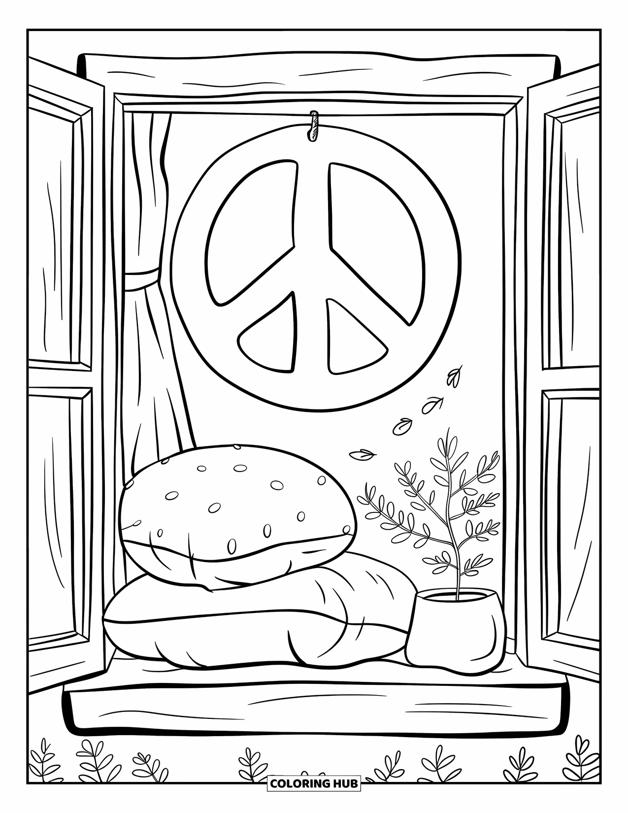 Peace Sign Coloring Page for Adults: A warm window corner with a peace sign, soft pillows, and a potted plant