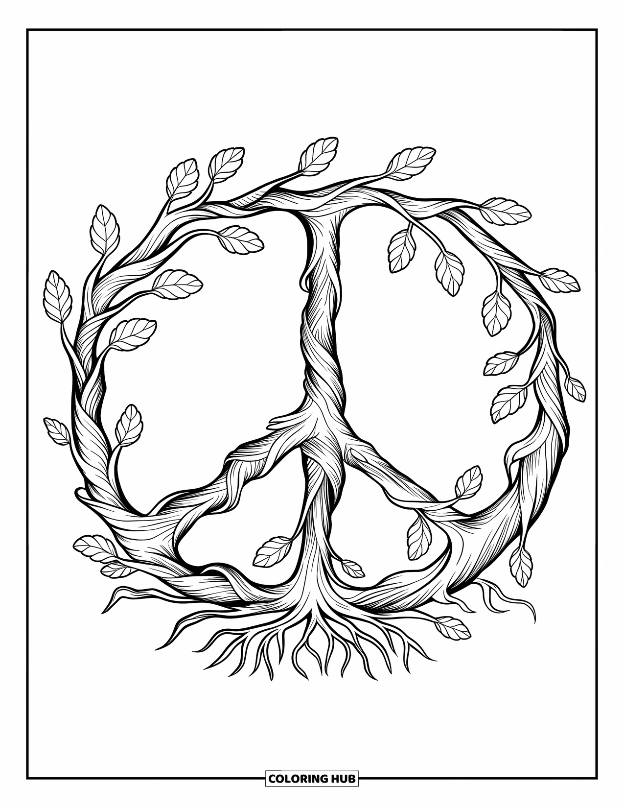 Peace Sign Coloring Page for Adults: Curved branches and roots create a peaceful, natural circle