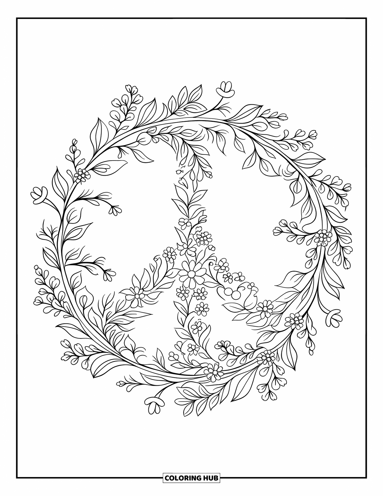 Peace Sign Coloring Page for Adults: Leaves, flowers, and swirls circle around a peaceful symbol