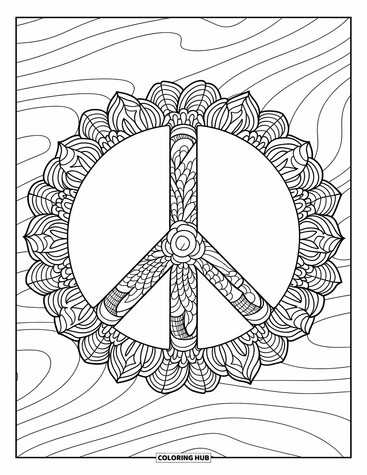 Peace Sign Coloring Page for Adults: Mandala petals and gentle curves fill a peaceful symbol
