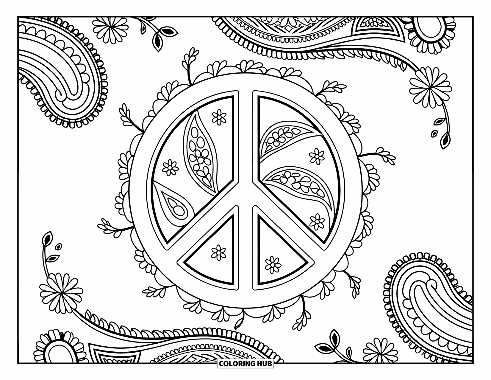 Peace Sign Coloring Page for Adults: Paisley patterns and floral vines wrap around a bold peace symbol