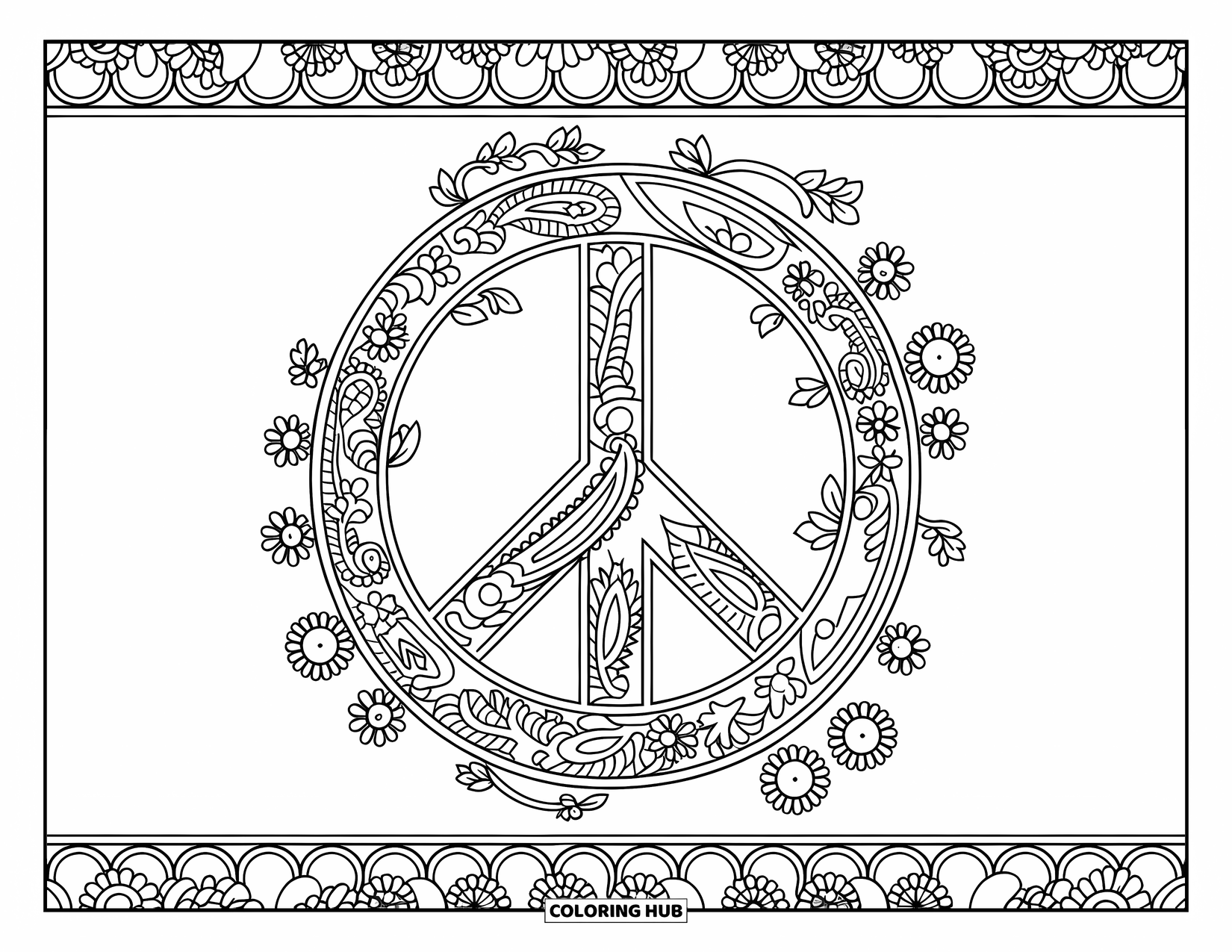 Peace Sign Coloring Page for Adults: Two interlocking circles form a peace sign among intricate paisley and floral designs