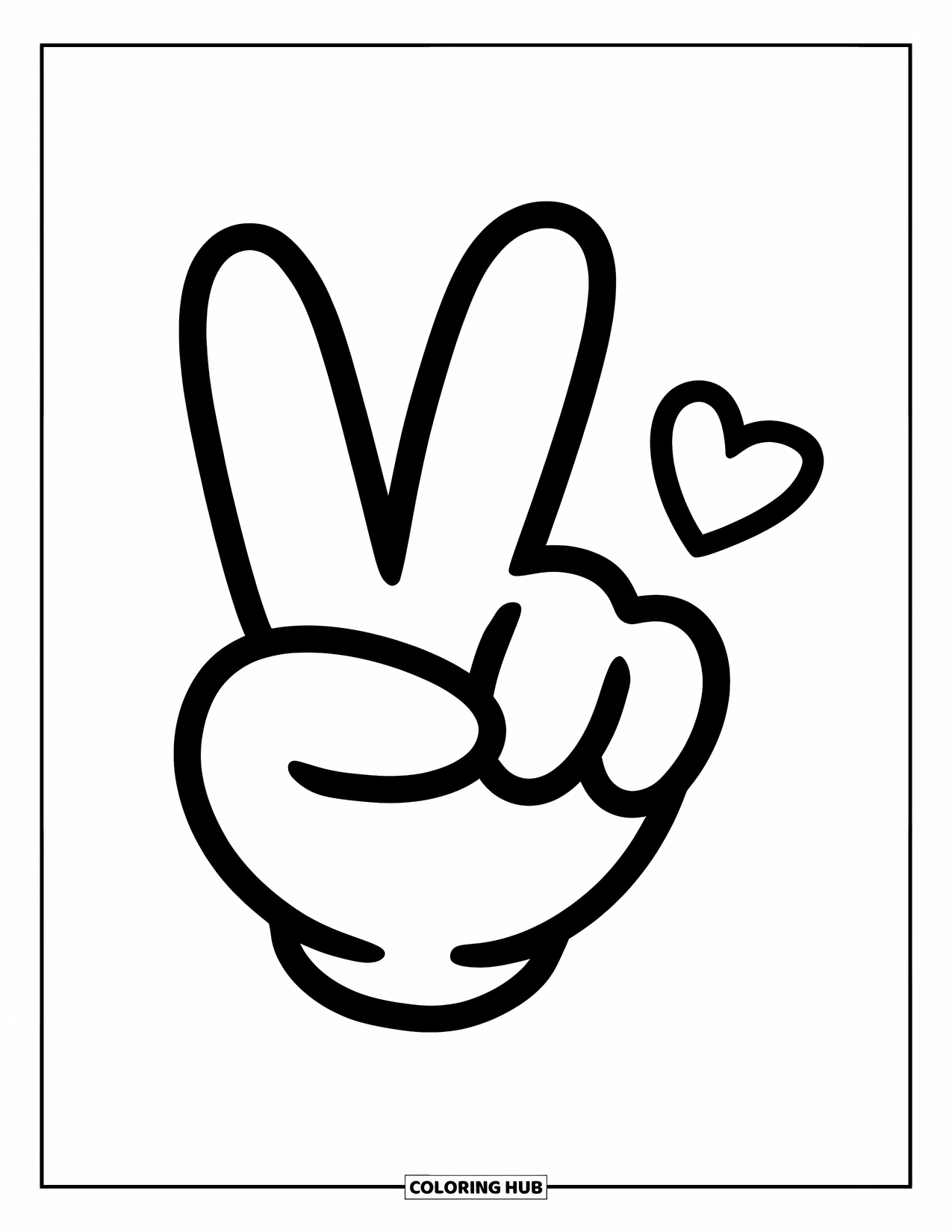 Peace Sign Coloring Page for Kids: A big hand making a peace sign with a tiny heart beside it