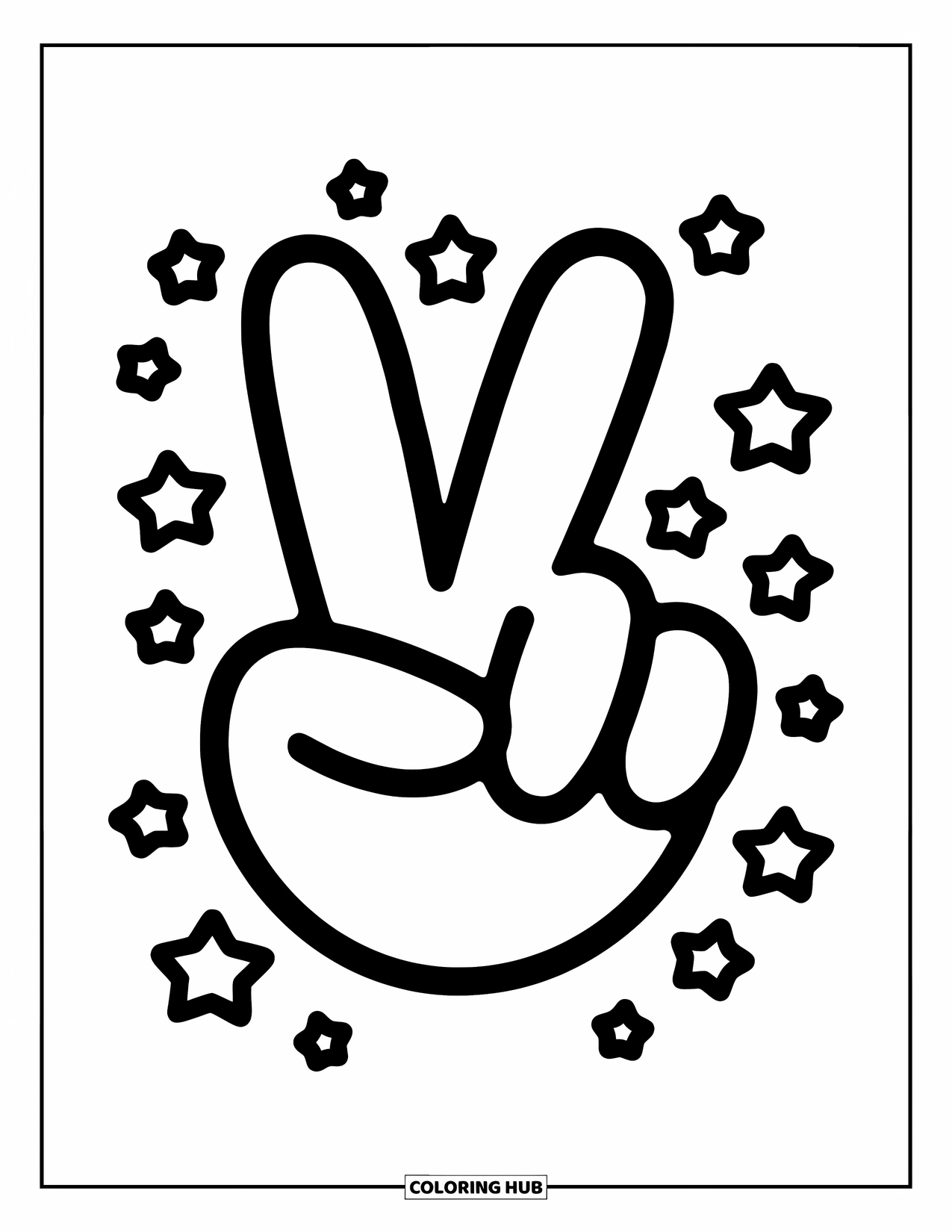Peace Sign Coloring Page for Kids: A big peace hand with small stars sprinkled all around