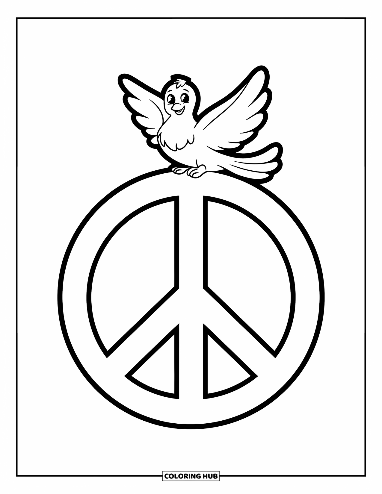 Peace Sign Coloring Page for Kids: A big peace sign with a friendly dove sitting happily on top