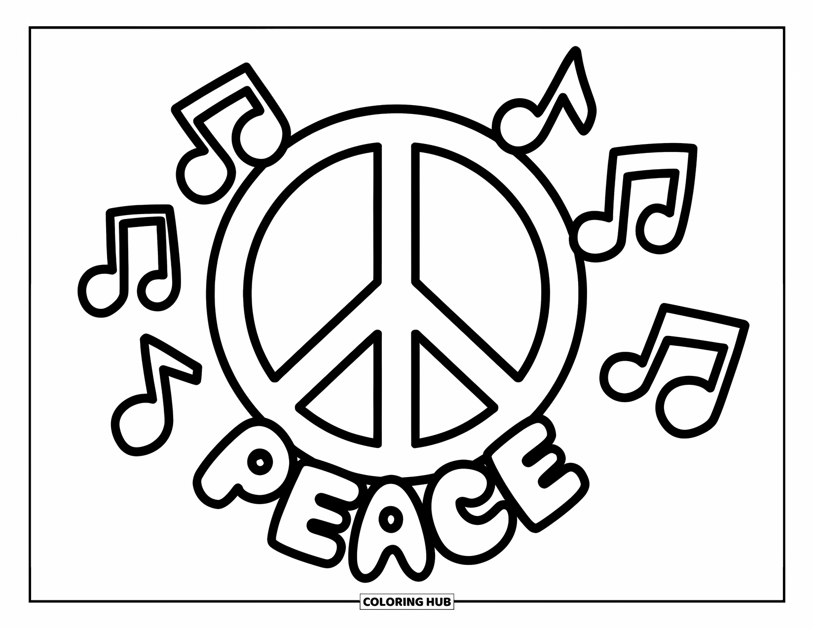 Peace Sign Coloring Page for Kids: A big peace symbol with "PEACE" below and cartoon music notes around it