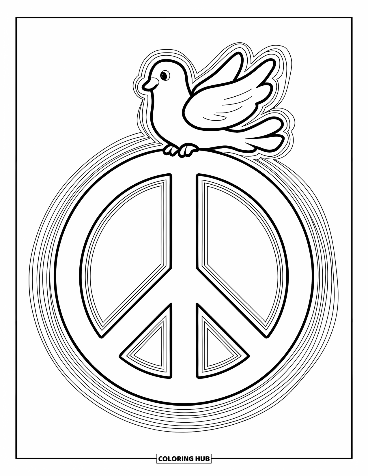 Peace Sign Coloring Page for Kids: A bold peace sign with a friendly dove sitting right on top