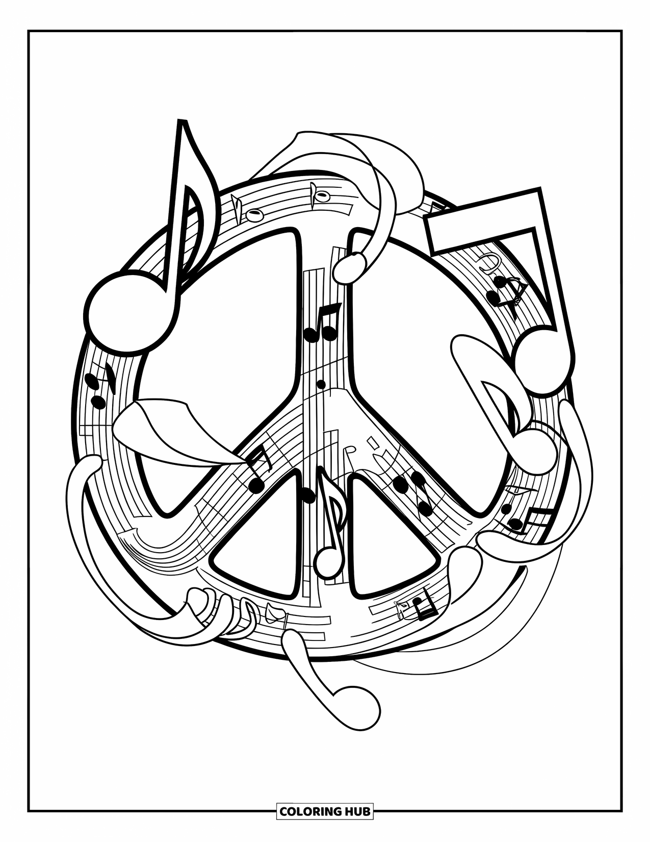 Peace Sign Coloring Page for Kids: A bold peace symbol with music notes and expressive abstract swirls