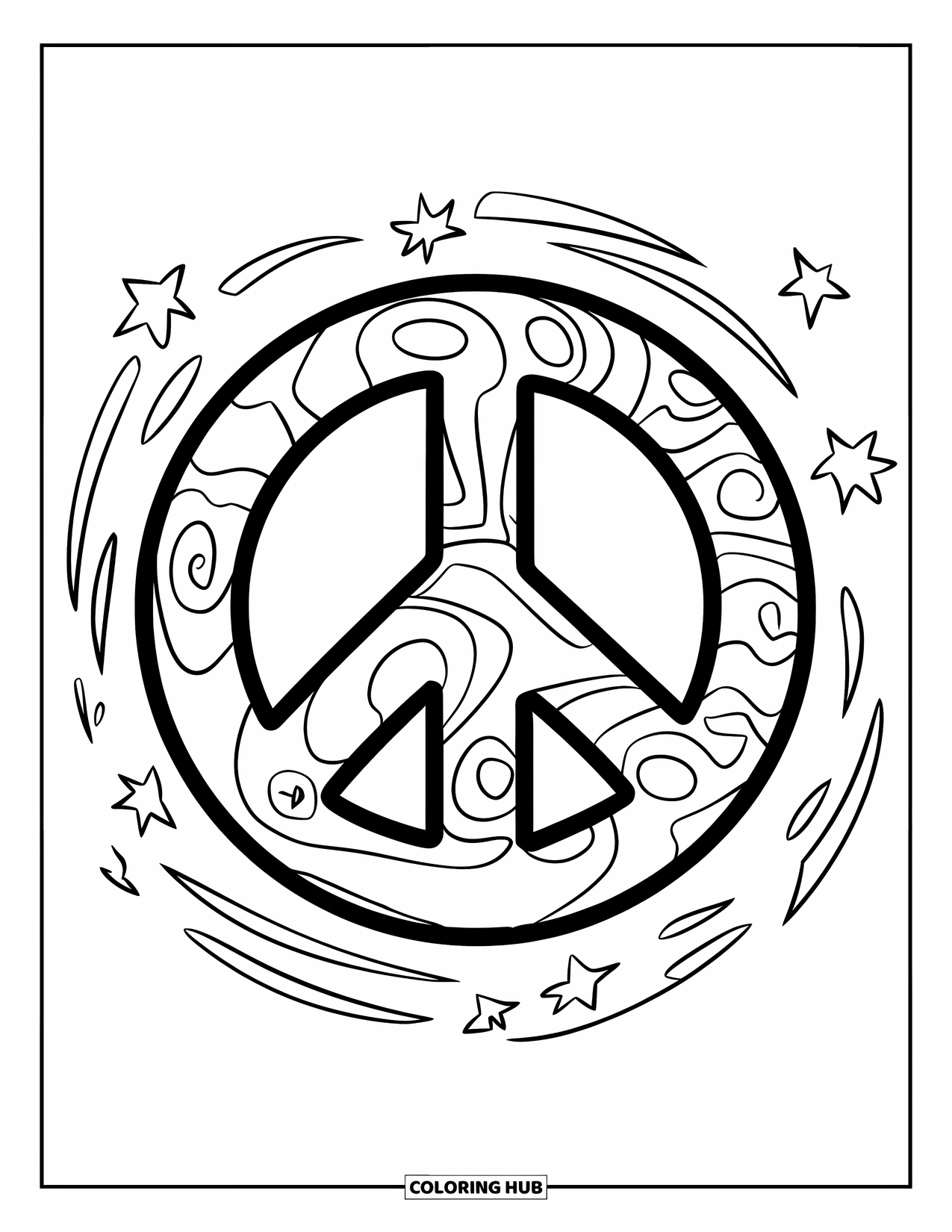 Peace Sign Coloring Page for Kids: A bold peace symbol with swirls and stars around the edges