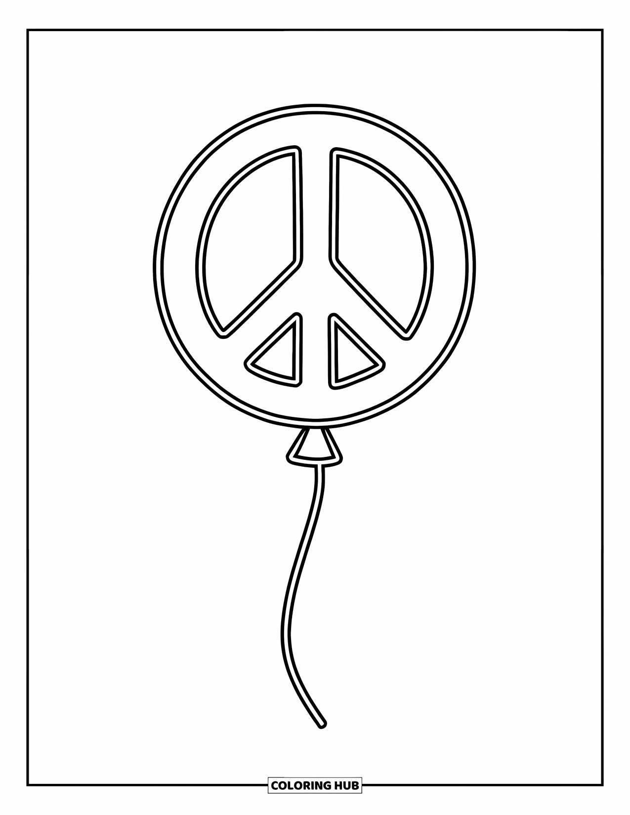 Peace Sign Coloring Page for Kids: A curved peace sign balloon with a wavy string in the center