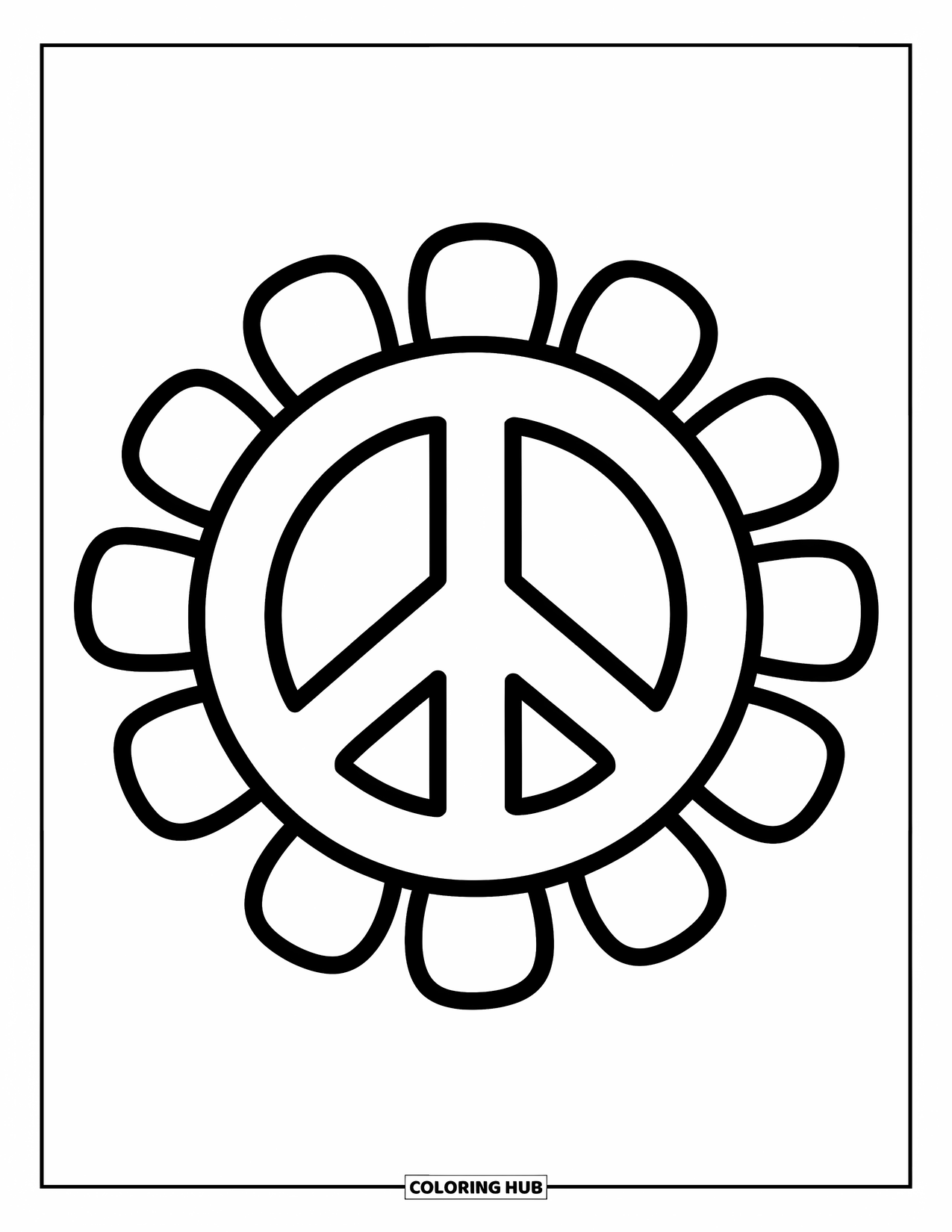 Peace Sign Coloring Page for Kids: A cute peace sign with big flower petals all around the circle