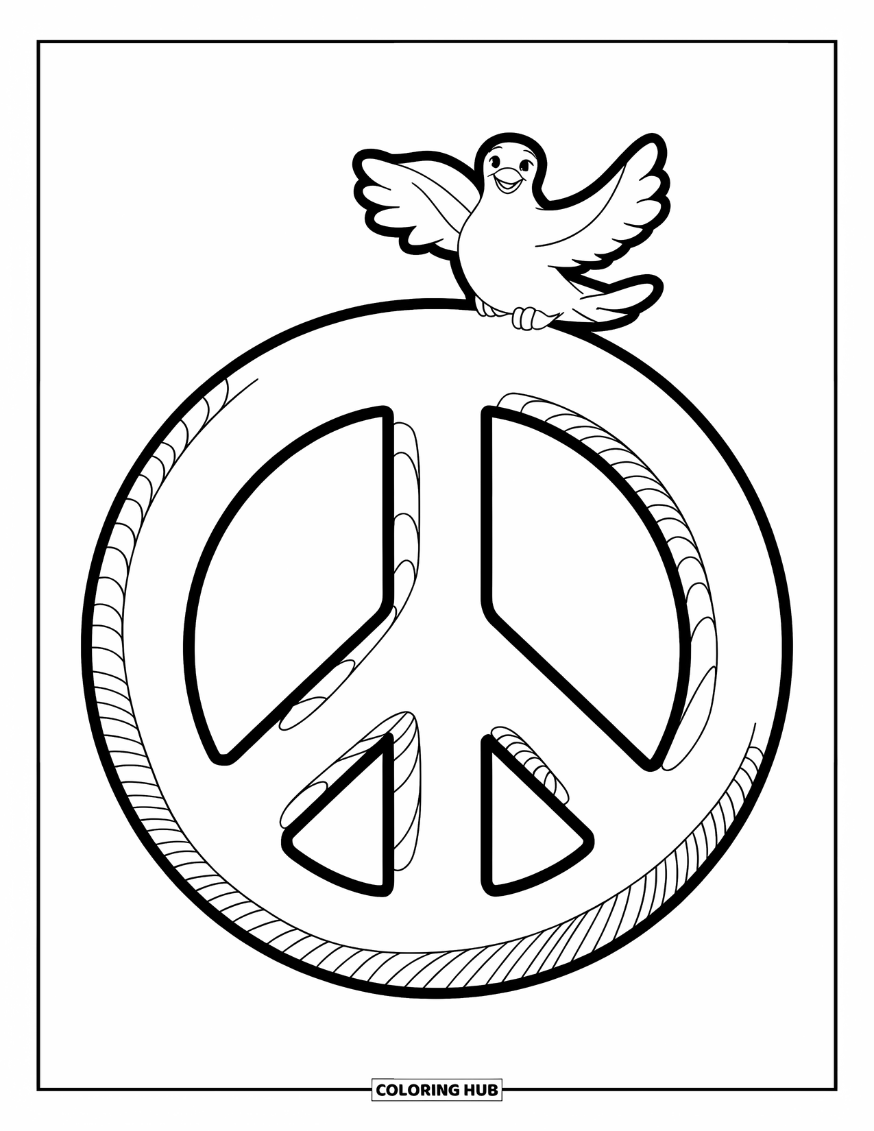 Peace Sign Coloring Page for Kids: A double-circle peace sign with a dove perched at the top