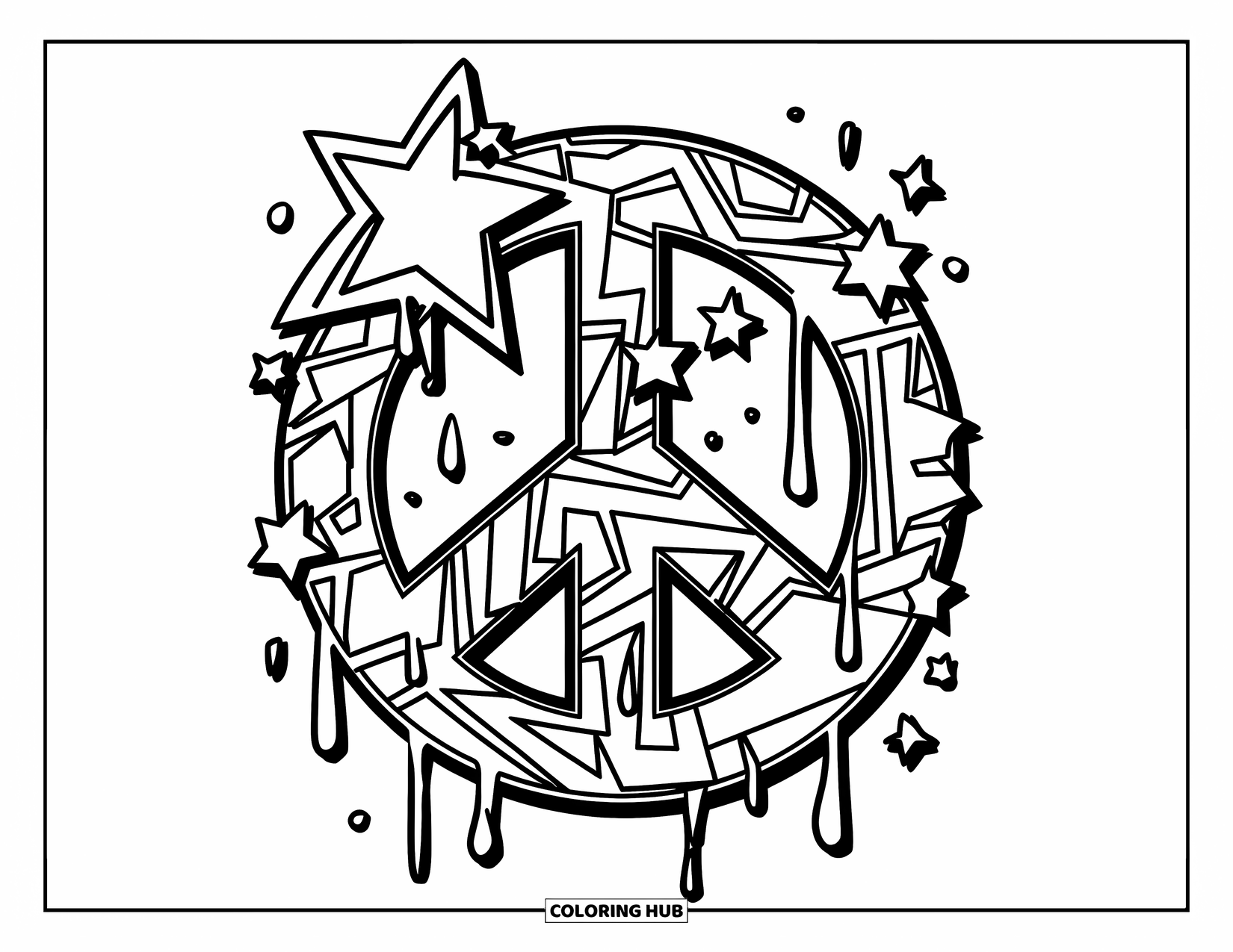 Peace Sign Coloring Page for Kids: A dynamic peace sign with stars and drips creating a three-dimensional look