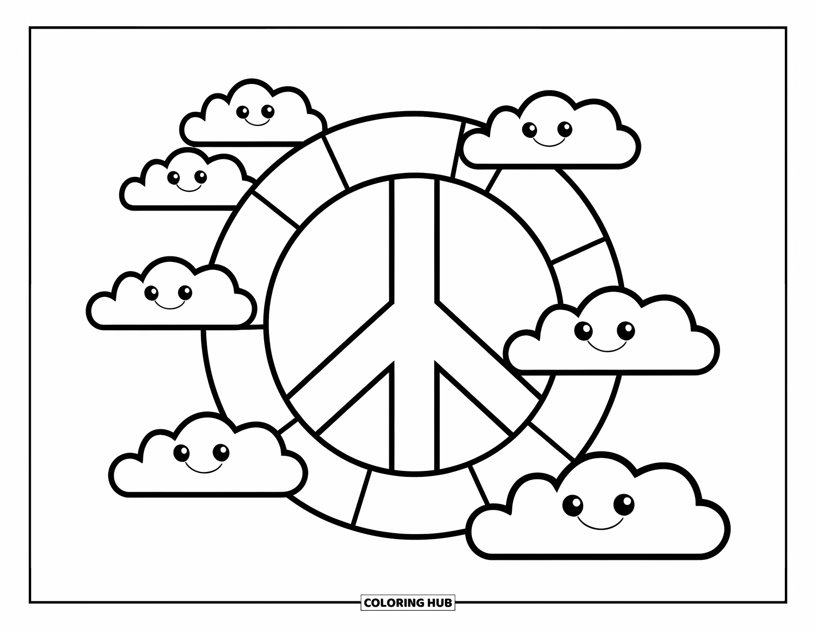 Peace Sign Coloring Page for Kids: A giant peace sign with smiling cartoon clouds floating all around