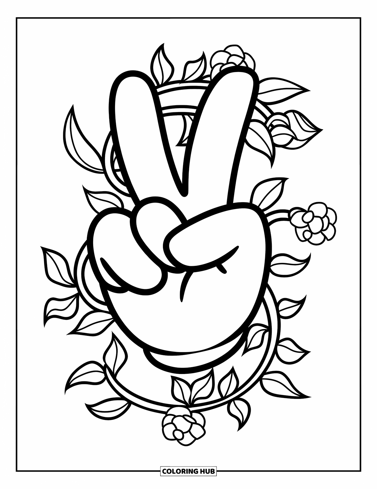 Peace Sign Coloring Page for Kids: A gloved peace hand wrapped in vines and tiny blooming flowers