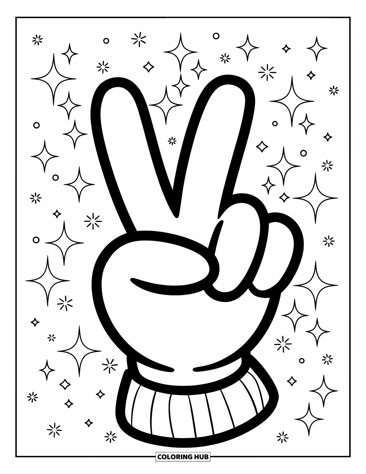 Peace Sign Coloring Page for Kids: A gloved peace sign hand surrounded by stars in a night sky