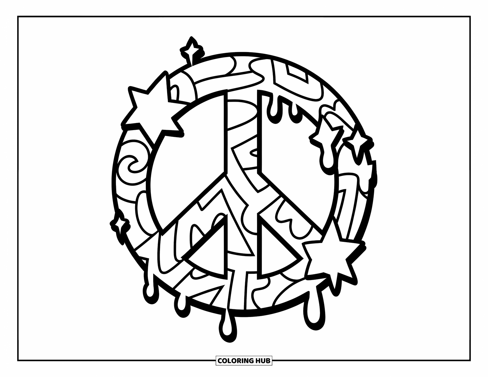 Peace Sign Coloring Page for Kids: A graffiti-style peace sign with expressive lines, stars, and dripping effects