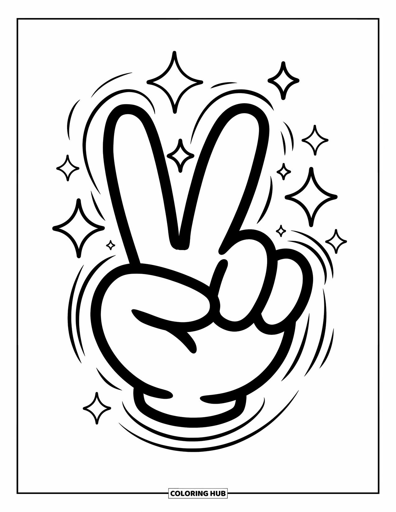 Peace Sign Coloring Page for Kids: A hand making a peace sign with sparkles and tiny stars around it
