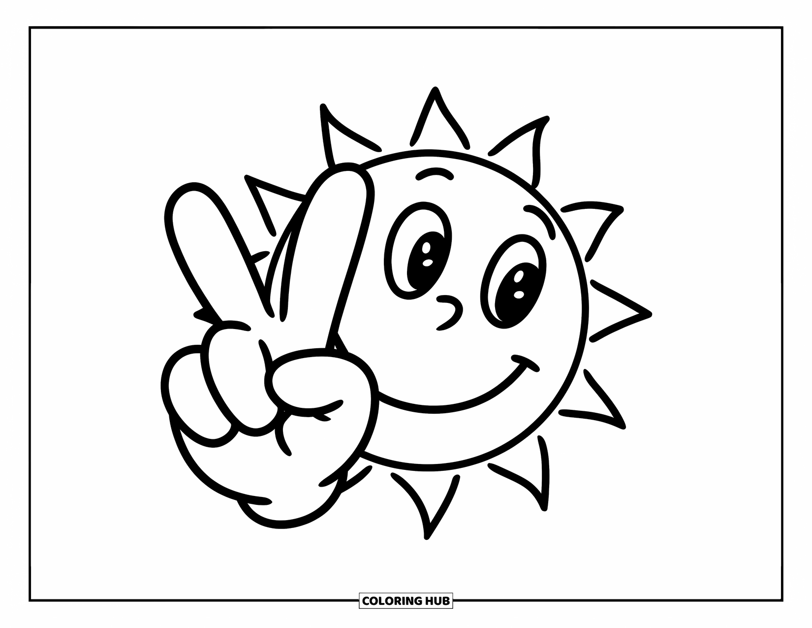 Peace Sign Coloring Page for Kids: A happy peace hand with a big smiling sun in the background
